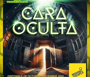 El texto "CARA OCULTA" en estilo neón se superpone a un fondo de corredor misterioso, evocando un desafío de escape de habitación. - ForTwo - Planes para parejas