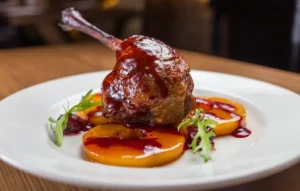 Una pierna de pato asada con salsa elegantemente dispuesta sobre rodajas de naranja y verduras encarna las enseñanzas de Mélanie Dyé, tal como se presentan en el "Curso de Cocina Francesa: Descubre el Arte Culinario con Mélanie Dyé", servido en un plato blanco. - ForTwo - Planes para parejas