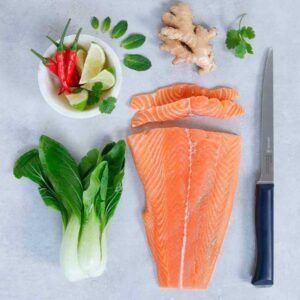 Una vibrante exhibición de filete de salmón crudo, bok choy, chiles, lima y hierbas sobre una superficie gris lo invita a explorar nuevos sabores con el "Curso de Cocina para Principiantes: Saca al Chef que Llevas Dentro". - ForTwo - Planes para parejas