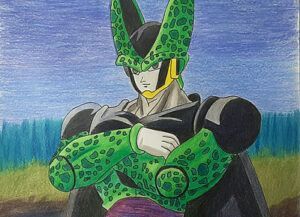 Este dibujo inspirado en el anime del "Curso de Dibujo de Manga en Huesca" presenta un personaje con una armadura verde y negra con los brazos cruzados contra un exuberante bosque y un cielo azul de fondo. - ForTwo - Planes para parejas