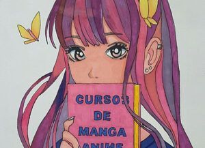 Un personaje de estilo anime con cabello rosa y morado sostiene el libro "Curso de Dibujo de Manga en Huesca: Aprende a Crear Personajes Manga y Anime", crucial para los futuros mangakas. Cerca, una mariposa revolotea con gracia, añadiendo un toque encantador a la escena. - ForTwo - Planes para parejas