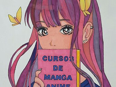 Un personaje de estilo anime con cabello rosa y morado sostiene el libro "Curso de Dibujo de Manga en Huesca: Aprende a Crear Personajes Manga y Anime", crucial para los futuros mangakas. Cerca, una mariposa revolotea con gracia, añadiendo un toque encantador a la escena. - ForTwo - Planes para parejas