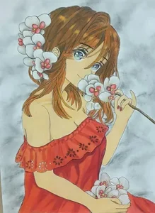 Una chica de estilo anime con un vestido rojo, sosteniendo flores blancas con centros rosados, mira suavemente al espectador, capturando la esencia de un personaje manga del "Curso de Dibujo de Manga en Huesca: Aprende a Crear Personajes Manga y Anime. - ForTwo - Planes para parejas