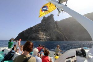 La gente en un barco cerca de una isla rocosa en Canarias, con una bandera amarilla ondeando arriba, espera ansiosamente un "Avistamiento de ballenas en Canarias". - ForTwo - Planes para parejas