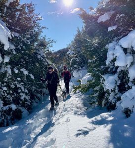 Dos aventureros disfrutan de una caminata con raquetas de nieve bajo el sol a través de árboles cubiertos de nieve en el pintoresco sendero "Raquetas de Nieve en Huesca para Principiantes: Ruta Circular en Somport" en Huesca. - ForTwo - Planes para parejas