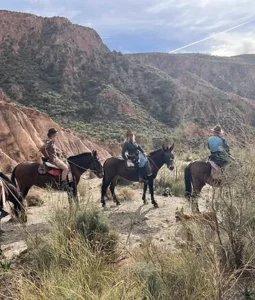Tres ciclistas en un sendero rocoso de Sierra Nevada disfrutan del encanto de Rutas a Caballo en Granada por Sierra Nevada bajo un cielo parcialmente nublado. - ForTwo - Planes para parejas