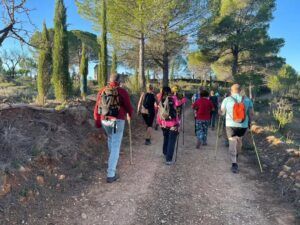 Un grupo explora el frondoso bosque de Valencia con mochilas y bastones de senderismo, totalmente inmersos en la naturaleza, en "Rutas de senderismo en Valencia: Naturaleza a tu ritmo. - ForTwo - Planes para parejas