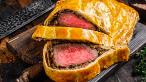 El Taller de Cocina para Sorprender a Tus Invitados ofrece una experiencia elegante y gourmet con filetes Wellington en rodajas sobre una tabla de madera, mostrando carne a medio cocinar envuelta en masa con una sabrosa capa de champiñones. - ForTwo - Planes para parejas