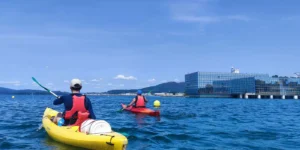 Dos kayakistas con chalecos brillantes reman hacia un moderno edificio de cristal en un día soleado, encarnando el espíritu aventurero del "Camino de Santiago en Kayak". - ForTwo - Planes para parejas