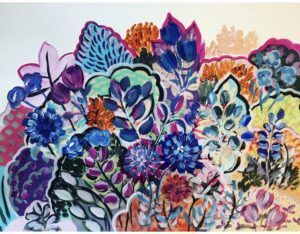 La obra de arte abstracta de Tia Xuana, "Descubre las Actividades de Tia Xuana e Ana Manana", presenta brillantemente una vívida variedad de flores y hojas en azules, púrpuras, naranjas y rosas. - ForTwo - Planes para parejas