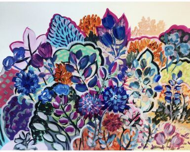 La obra de arte abstracta de Tia Xuana, "Descubre las Actividades de Tia Xuana e Ana Manana", presenta brillantemente una vívida variedad de flores y hojas en azules, púrpuras, naranjas y rosas. - ForTwo - Planes para parejas