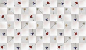 Una cuadrícula de azulejos florales, que recuerda a Pinta Tu Propio Azulejo en Triana, muestra flores rojas, blancas y violetas dispuestas ingeniosamente sobre un fondo a cuadros. - ForTwo - Planes para parejas