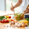 Una persona está inmersa en un Taller de Cocina Saludable, preparando hábilmente una ensalada con verduras frescas sobre una encimera de madera, mientras cerca una tableta muestra recetas para inspirarse. - ForTwo - Planes para parejas