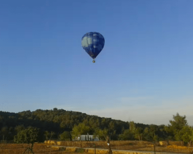 Vuelo en globo: Ibiza desde las alturas al amanecer" ofrece un vuelo sereno en un globo aerostático azul, que se desplaza con gracia sobre el paisaje rural de Ibiza, donde árboles y colinas se despliegan bajo el cielo despejado. - ForTwo - Planes para parejas