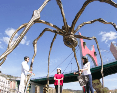 Los visitantes se sitúan bajo una gran escultura de araña junto a un puente contra el cielo azul claro mientras exploran la animada escena artística de Bilbao con "Descubre Bilbao en Segway". - ForTwo - Planes para parejas