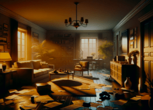 La habitación acogedora y desordenada, con la luz del sol entrando por las ventanas y sombras sobre papeles y muebles dispersos, parece una escena de "Escape Room: Resuelve un caso paranormal". - ForTwo - Planes para parejas
