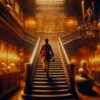 En una biblioteca oscura y ornamentada, llena de velas y calaveras, similar a un desafío de Escape Room, una persona sube elegantes escaleras para resolver el misterioso "Escape Room: Resuelve un caso paranormal" y descubrir secretos ocultos. - ForTwo - Planes para parejas