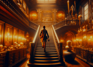 En una biblioteca oscura y ornamentada, llena de velas y calaveras, similar a un desafío de Escape Room, una persona sube elegantes escaleras para resolver el misterioso "Escape Room: Resuelve un caso paranormal" y descubrir secretos ocultos. - ForTwo - Planes para parejas