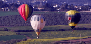 Tres globos vibrantes flotan sobre el paisaje verde y amarillo de Almodóvar del Río, con árboles y edificios distantes que crean un telón de fondo sereno para este encantador Paseo en Globo por Almodóvar del Río. - ForTwo - Planes para parejas