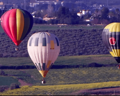 Tres globos vibrantes flotan sobre el paisaje verde y amarillo de Almodóvar del Río, con árboles y edificios distantes que crean un telón de fondo sereno para este encantador Paseo en Globo por Almodóvar del Río. - ForTwo - Planes para parejas