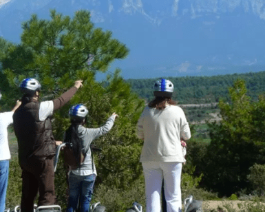 Cuatro aventureros con casco, apuntando a montañas distantes y rodeados de exuberante vegetación, se embarcan en una emocionante "Ruta en Segway por Asque" a través del pintoresco paisaje. - ForTwo - Planes para parejas
