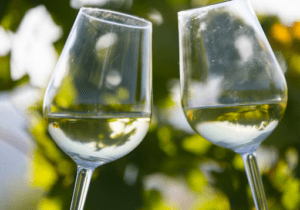 Dos copas de Vino y Gastronomía en Álora tintinean sobre un fondo borroso de hojas verdes y amarillas, capturando el vibrante espíritu de la gastronomía en Álora. - ForTwo - Planes para parejas