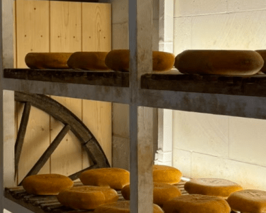 La Visita a la Quesería Subaida permite observar la maduración de las ruedas de queso en rústicas estanterías de madera junto a una gran rueda, mostrando el trabajo artesanal de la elaboración del queso. - ForTwo - Planes para parejas