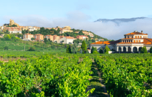 La excursión a Laguardia y Haro desde Bilbao cuenta con un viñedo con un gran edificio, ubicado cerca de la ciudad de Laguardia, contra una colina y montañas parcialmente envueltas en niebla. - ForTwo - Planes para parejas