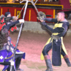 En el corazón de Tenerife, tres artistas con armadura medieval deslumbran al público con Aventura Medieval en Tenerife, participando en una emocionante batalla escenificada con armas en una gran arena. - ForTwo - Planes para parejas
