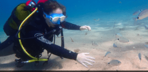 Durante un cautivador Bautismo de Buceo en Tossa de Mar, un buceador busca con gracia peces vibrantes en el fondo arenoso del océano. - ForTwo - Planes para parejas