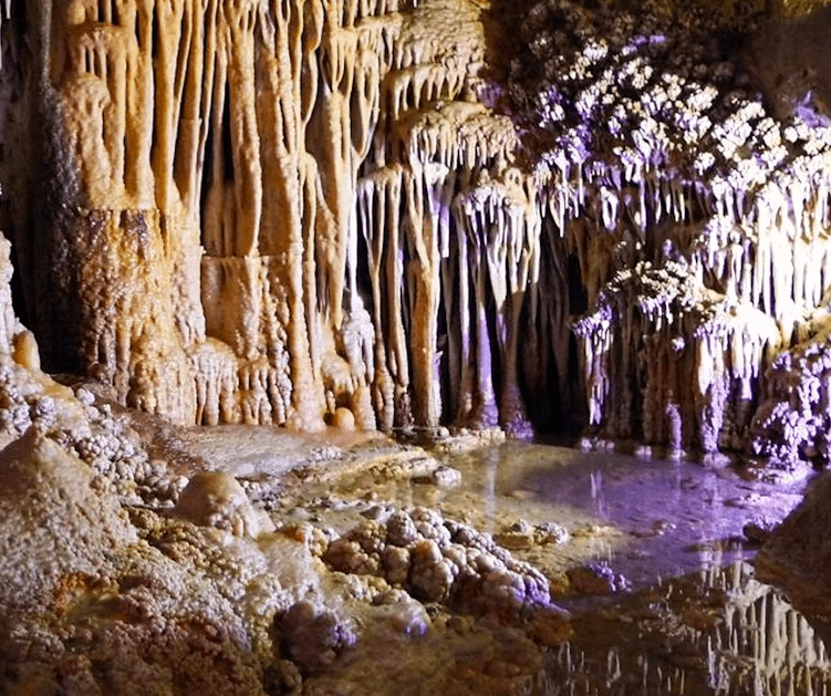 Explora las Cuevas de Génova ofrece una escena fascinante en Mallorca, con impresionantes estalactitas y estalagmitas con iluminación violácea que se refleja en aguas tranquilas, perfectas para explorar. - ForTwo - Planes para parejas