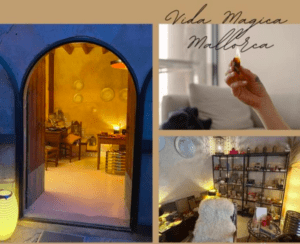 Collage de acogedores interiores de Mallorca, una mano sosteniendo un objeto y el texto Masaje Mediterráneo en Mallorca, capturando la esencia del encanto de la isla. - ForTwo - Planes para parejas