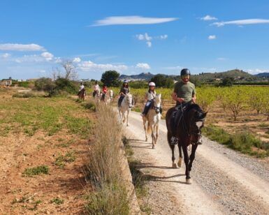 Las parejas pueden disfrutar de un romántico "Paseo a caballo en Llíria: un plan romántico en la naturaleza" por un camino de tierra a través de campos abiertos bajo un cielo azul con nubes dispersas. - ForTwo - Planes para parejas