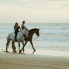 Dos personas disfrutan de un "Paseo a caballo por la playa de Xeraco", cabalgando por la tranquila playa al atardecer con relajantes olas de fondo. - ForTwo - Planes para parejas