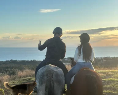 Dos personas a caballo disfrutan de una Ruta a Caballo en Marbella al atardecer, capturando una selfie con la vista panorámica del océano y su fiel perro cerca. - ForTwo - Planes para parejas