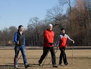 Tres personas disfrutan de una caminata con bastones en un parque bajo un cielo despejado y árboles sin hojas, que recuerda a una caminata cerca del volcán Cerro de Agras. - ForTwo - Planes para parejas