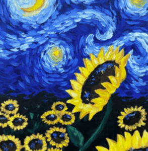 Esta pintura, "Taller de Pintura y Vino", muestra girasoles contra un cielo azul que gira, recordando el estilo de Van Gogh, como si hubieran sido elaborados en una tarde serena en el estudio de un artista. - ForTwo - Planes para parejas