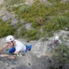 Dos escaladores con casco abordan un acantilado rocoso a lo largo de la vía ferrata en Morata de Jalón, rodeados de exuberante vegetación, con uno más arriba cerca de la cámara. - ForTwo - Planes para parejas