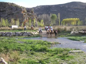 En la impresionante Sierra de Moncayo, jinetes a caballo y un perro recorren un arroyo poco profundo, enmarcado por acantilados rocosos y árboles: un día perfecto en la Ruta a Caballo por la Sierra de Moncayo. - ForTwo - Planes para parejas