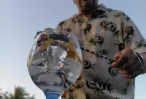 Bajo el cielo despejado de Zaragoza, un hombre con camisa floreada mezcla hábilmente un cóctel con rodajas de limón y hielo durante el "Taller-show de coctelería en Zaragoza", ejemplificando el verdadero arte de la mixología. - ForTwo - Planes para parejas