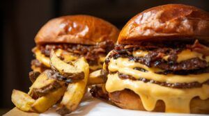 Dos hamburguesas con tocino y un acompañamiento de papas fritas sazonadas, servidas en un plato: realmente son "Dos hamburguesas: El paraíso de las hamburguesas" para los amantes de la comida reconfortante. - ForTwo - Planes para parejas