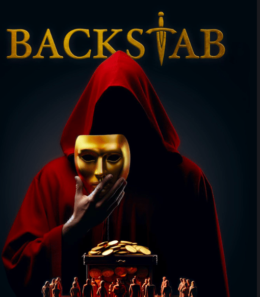 Una figura encapuchada agarra una máscara dorada frente a un maletín brillante con mini figuras rojas debajo de la palabra Backstab, con el telón de fondo de Barcelona en Bizarre Escape Room Barcelona. - ForTwo - Planes para parejas