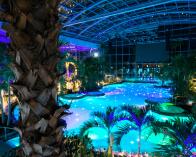 Escapada a Bucarest y al spa más grande de Europa" cuenta con una lujosa piscina tropical cubierta con palmeras y brillantes aguas azules bajo una magnífica cúpula de cristal, que ofrece una encantadora escapada al estilo europeo en el corazón de Bucarest por la noche. - ForTwo - Planes para parejas