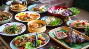 Un vibrante oasis tailandés: Un viaje gastronómico a Tailandia espera a los entusiastas de la cocina con platos coloridos como curry, carne a la parrilla y verduras adornadas en una mesa de madera. - ForTwo - Planes para parejas