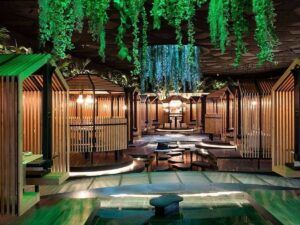 Un interior de restaurante moderno con cabinas de madera, vegetación colgante e iluminación ambiental crea una atmósfera serena similar a Thai Oasiz: Un viaje gastronómico a Tailandia. - ForTwo - Planes para parejas