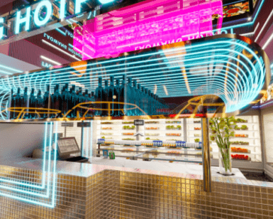 Laowanghotpot ofrece un interior moderno y luminoso con luces de neón, una exhibición de bebidas y una larga barra con sillas. Disfrute de una auténtica experiencia china en este colorido restaurante de hot pot. - ForTwo - Planes para parejas