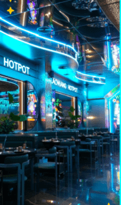 Experimente el futuro de la gastronomía en Laowang Hotpot con luces de neón y techos de espejo. Disfrute de una auténtica experiencia china con decoración moderna y sabores innovadores en "Vive una experiencia china en Laowang Hotpot". - ForTwo - Planes para parejas