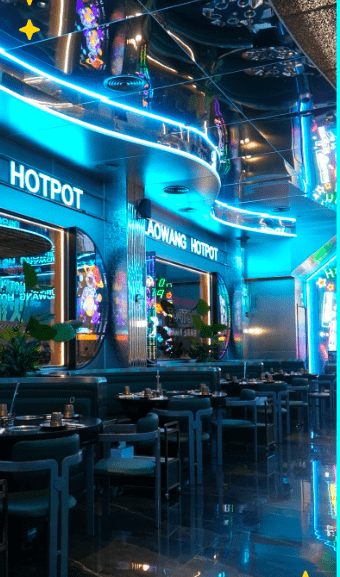 Experimente el futuro de la gastronomía en Laowang Hotpot con luces de neón y techos de espejo. Disfrute de una auténtica experiencia china con decoración moderna y sabores innovadores en "Vive una experiencia china en Laowang Hotpot". - ForTwo - Planes para parejas